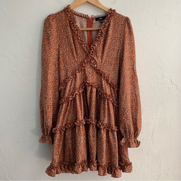 Lulu’s Admire You Orange Brown Floral Print Ruffled Long Sleeve Mini Dress M - Picture 2 of 10